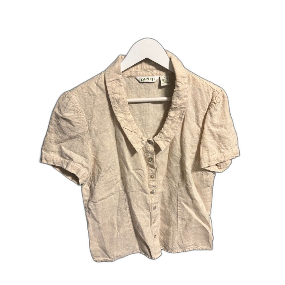 Orvis Shirt Womens Medium Linen Beige Short Sleeve 100% Linen Button Down
